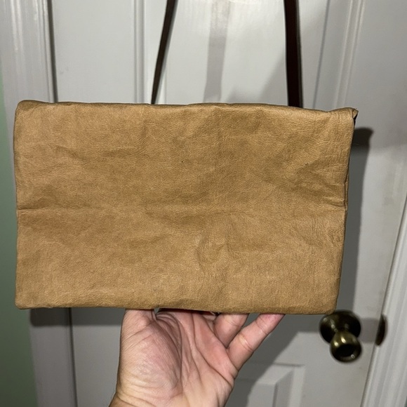 Eco-Beige Brown Leather-Trimmed Brown Paper Bag Crossbody Bag Recycled 9x11x5.5 - Picture 7 of 11